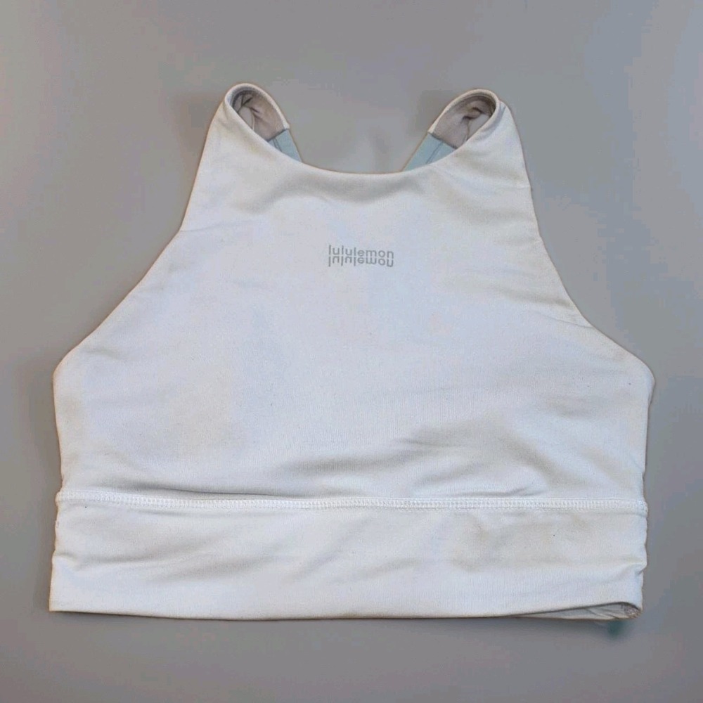 Lululemon High Neck Longline Sports Bra White Cross Back Strappy Logo Sz 4